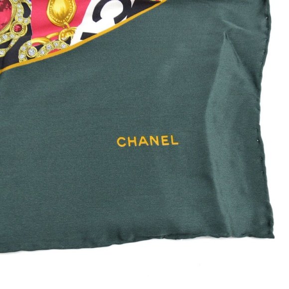 Auth Chanel Bijou Motif Big Scarf Stole Green Multicolor Silk - Picture 4 of 8